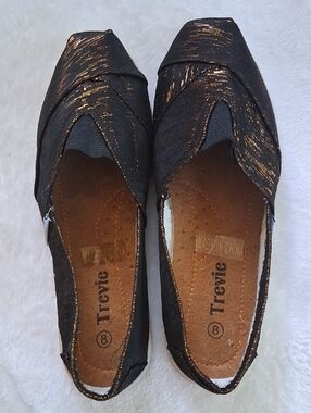 Black Slip-On Flats with Metallic Gold Accents